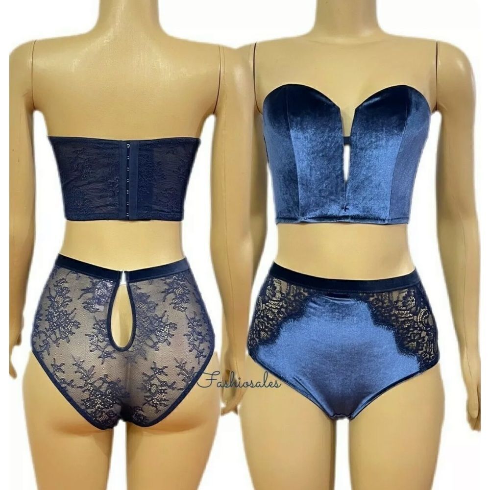 VictoriasĀ Secret setāDream Angels Velvet Set Strapless bra & Cheeky panty BlueāM